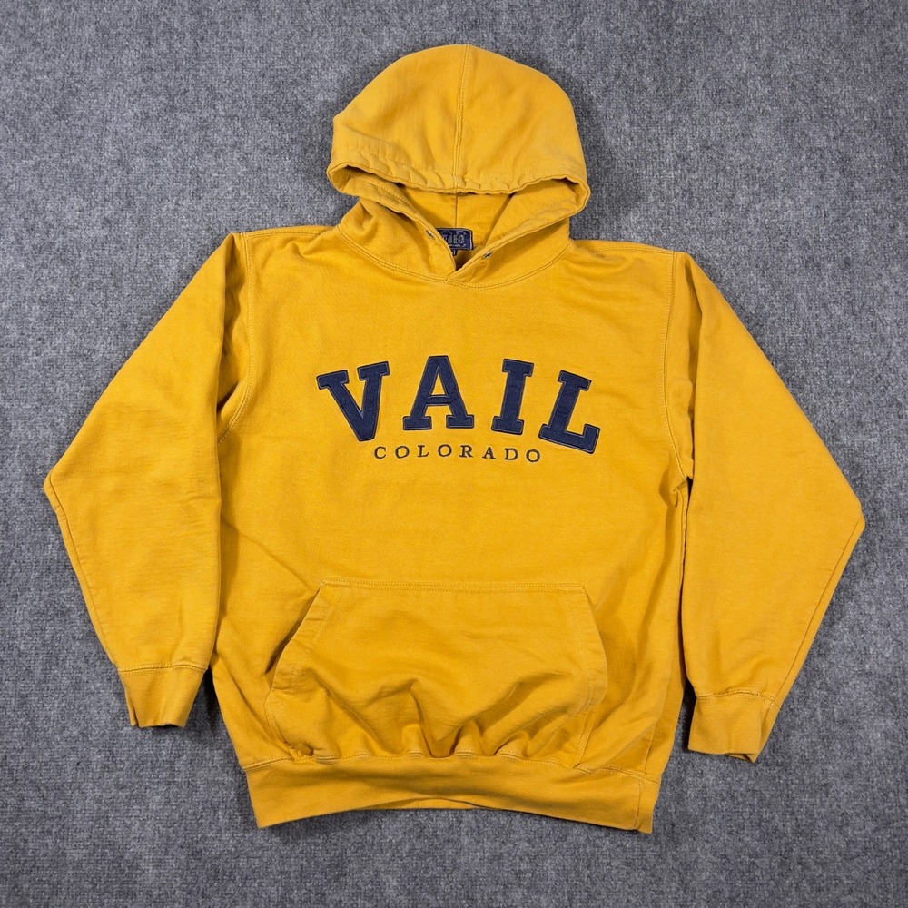Vtg Vail Colorado Hoodie Mens Medium Yellow Pullover Sweatshirt